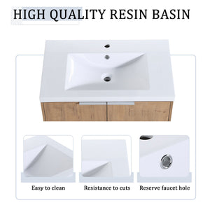English Elm 72 Inch Wall Mounted Vanity with Resin Sink, Soft-Close Doors, Ample Storage Shelves, Durable Eco Plywood Finish Imitative Oak W999S00188