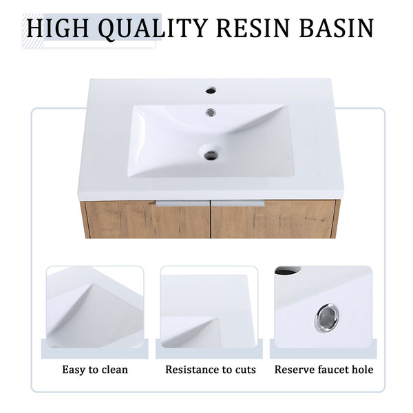 English Elm 72 Inch Wall Mounted Vanity with Resin Sink, Soft-Close Doors, Ample Storage Shelves, Durable Eco Plywood Finish Imitative Oak W999S00188