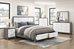 English Elm Queen Platform Bed with Footboard Storage, Ivory & Gray Finish, 2 Drawers, Modern Sturdy Frame B011S01673
