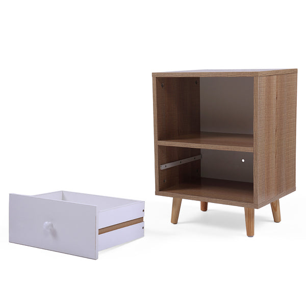 English Elm Set of 2 Mid Century Nightstands with Drawer & Shelf, Natural White Accent Tables for Bedroom Living Room W2181P357558