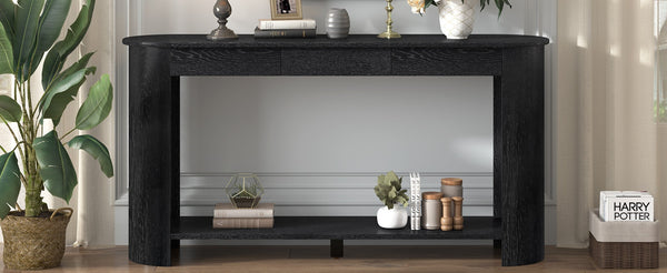 English Elm U_style Oak Veneer Console Table with 3 Drawers Open Shelf Entryway Hallway Storage Black N711P395523B
