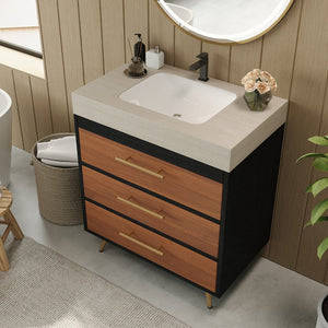 English Elm Modern Freestanding Bathroom Vanity with Vessel Sink Sintered Stone Gold Steel Legs W3136S00052