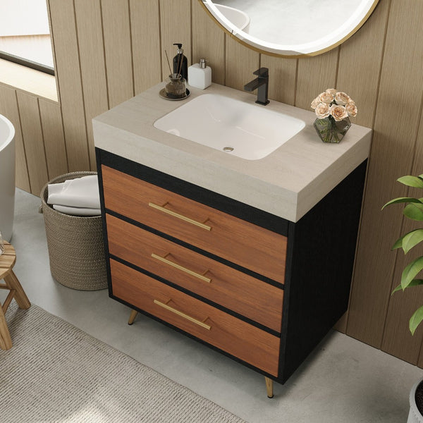 English Elm Modern Freestanding Bathroom Vanity with Vessel Sink Sintered Stone Gold Steel Legs W3136S00052