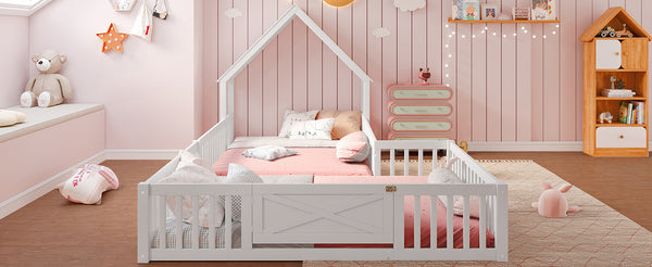 English Elm Full Full Size House Floor Bed with Door & Guardrails, Solid Wood Playful Design for Kids, Safe and Durable White W1580P327130