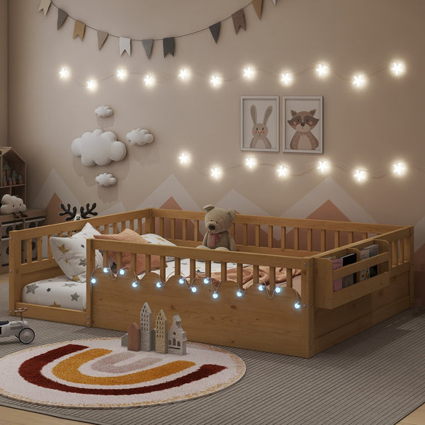 English Elm Full Montessori floor bed offering high rails, built-in light and shelf for safe independent sleep and storage Natural 79.13 L x 13 W x 6.3 H W2593P333587