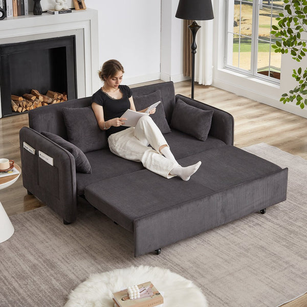 English Elm FX'' 66 Inch Sleeper Sofa Bed 3-in-1 Convertible Pullout Sofa with Plush Corduroy, 4 Pillows, Pockets DARK GREY W1926S00060