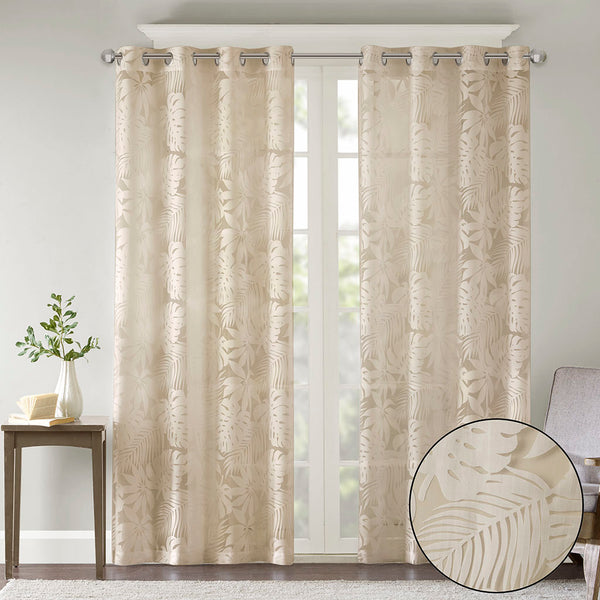 JLA Home Madison Park - Palm Leaf Burnout Window Sheer Curtain with Antique Silver Grommets, OEKO-TEX, Airy Coastal Style Natural MP40-7493