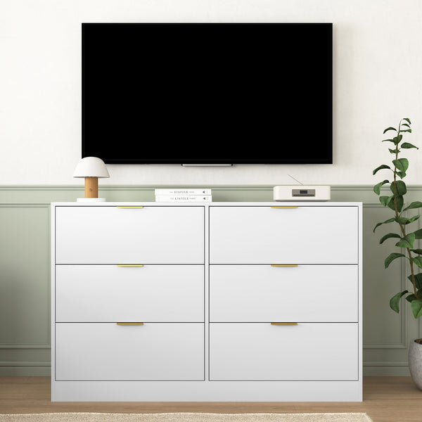 English Elm Simply Modern 6-Drawer Dresser with Spacious Drawers, Durable Engineered Wood, Sleek Minimalist Design White W409P307585