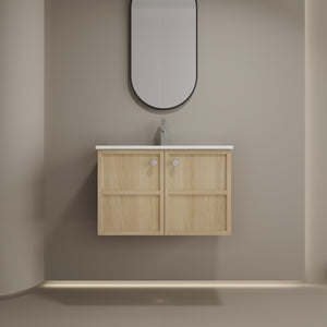 English Elm 30" Oak Wall-Mounted Bathroom Vanity with Ceramic Sink, 2 Soft-Closing Doors, Plywood Build, Space-Saving Design W1972S00022