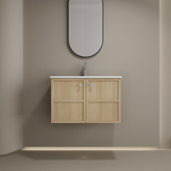 English Elm 30" Oak Wall-Mounted Bathroom Vanity with Ceramic Sink, 2 Soft-Closing Doors, Plywood Build, Space-Saving Design W1972S00022