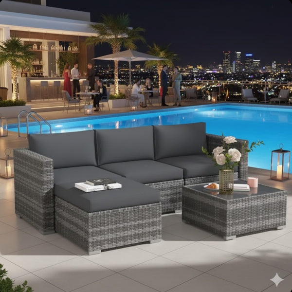 English Elm 5-piece Outdoor Modular Pe Rattan Wicker Patio Set with Tempered Glass Coffee Table Gray B082P455127