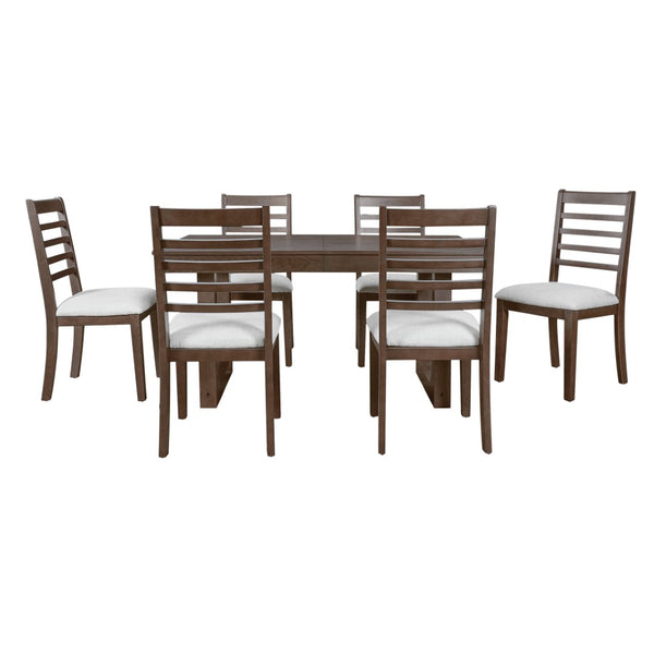 English Elm 7 Piece Farmhouse Dining Set Oak Veneer Extendable Table Six Upholstered Chairs Beige,Walnut N752S000090D-1