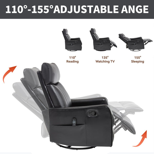 English Elm Blue Fabric Swivel Rocker Recliner with Massage Heat Nodes for Living Room Comfort Black Pu W1803P321812