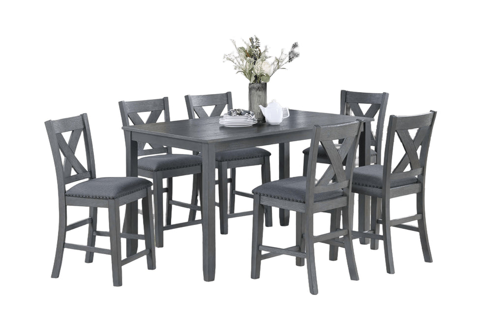 English Elm Modern 7-Piece Counter Height Dining Set Gray - 60" Table, Cushioned X-Cross Back Chairs, Nailhead Trim B011P370423