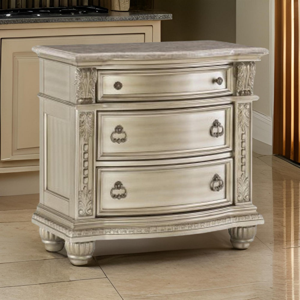 English Elm Caitlin Marble Top Nightstand with Hand Carved Leaf Detail and Silver Hardware B056P416825