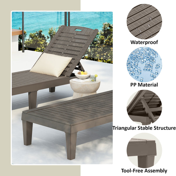 English Elm 2-Piece Outdoor Chaise Lounges with 5-Position Adjustable Backrest, UV-Proof Resin, Lightweight & Durable Light Brown N719P293384D