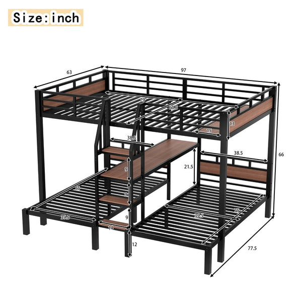English Elm Twin Triple Bunk Bed Black Metal Frame with Built-in Storage Stairs and Shelves W1580S00620