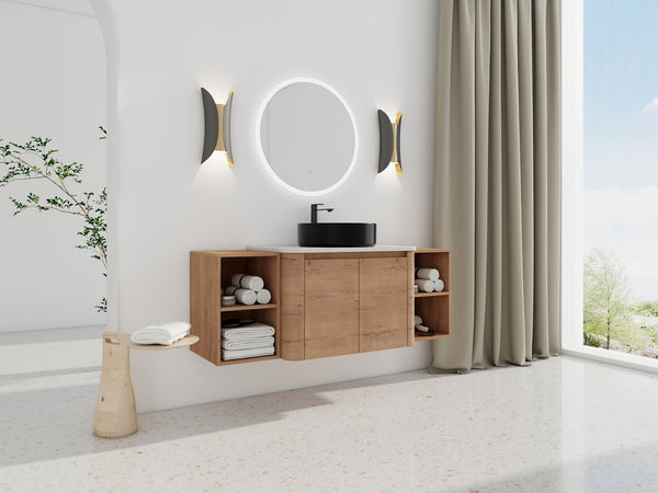 English Elm 54'' Wall-Mounted Bathroom Vanity With Elegant Ceramic Sink, Soft-Close Doors & Ample Storage Shelves W999S00415