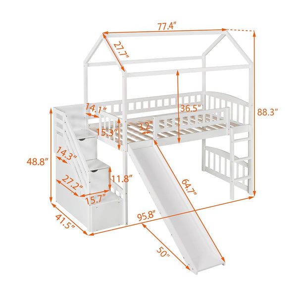 English Elm Twin House Loft Bed with Slide Two Drawers Storage Steps Kids Playroom Gray LT100130AAK