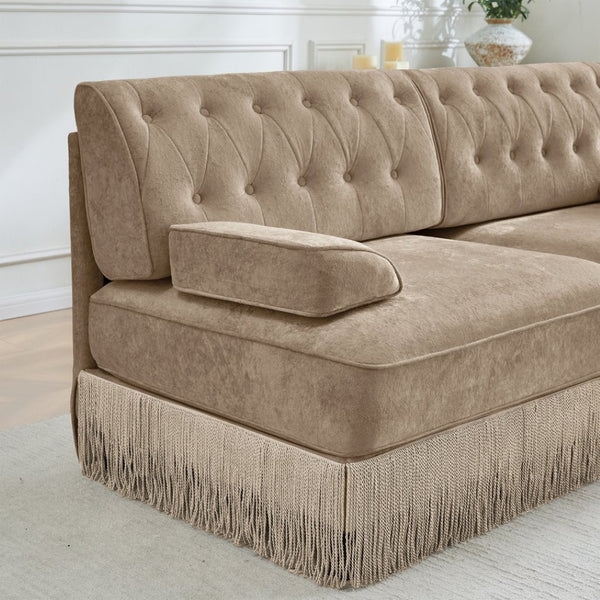 English Elm L-shaped Velvet Chesterfield Sectional Sofa with Tassel Skirt and Tufted Modular Design Camel W714S01695