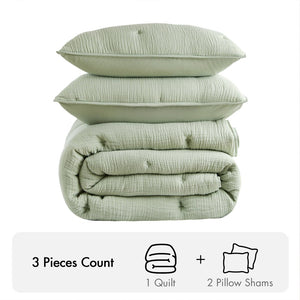 English Elm 3-piece Cotton Muslin Quilt Set with Embroidered Tacking for a Relaxed Bedroom Sage B035P408343