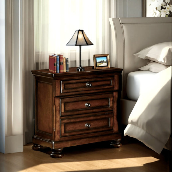 English Elm Transitional Black Wood Nightstand with Bun Legs and Three Drawer Hidden Storage B056P417108