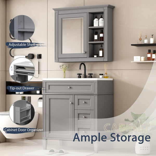 English Elm 30'' Modern Bathroom Vanity Set With Mirror, Stylish Freestanding Cabinet, Ample Storage & Sink SW000127AAE-1