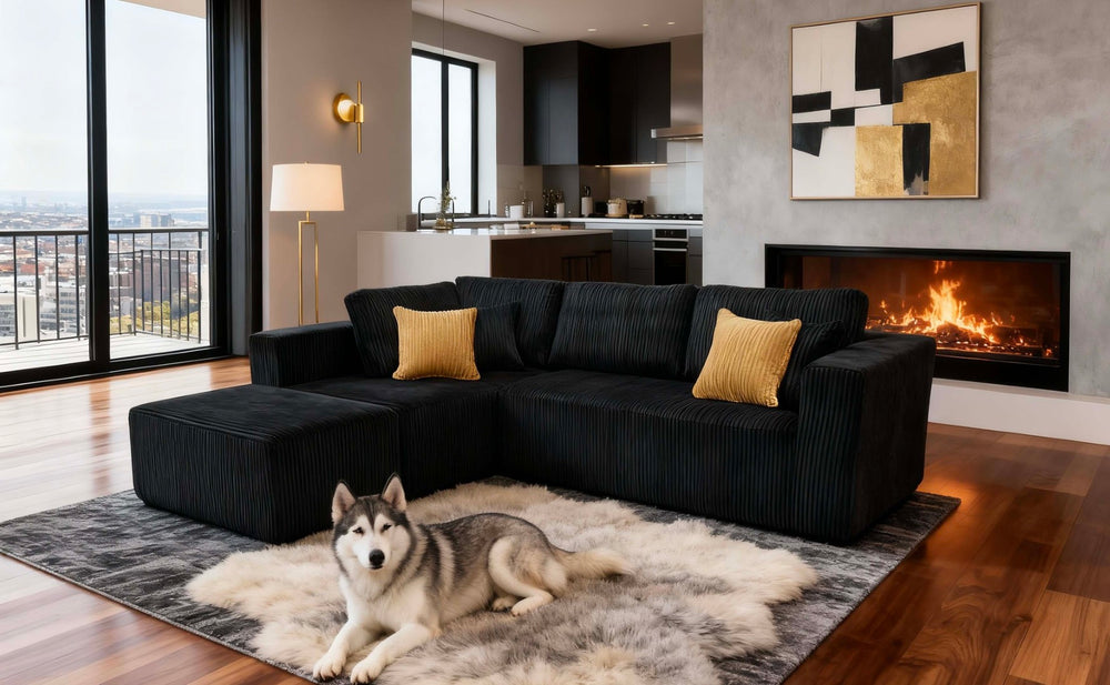 English Elm Full Corduroy Upholstered L-shaped Sectional with Moveable Ottoman Ready to Use Black B2748S00058
