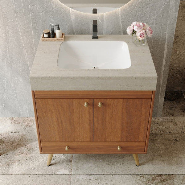 English Elm Mid-century Freestanding Bathroom Vanity with Marble Stone Top and Gold Steel Legs W3136S00065