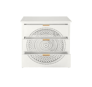 English Elm 3 Drawer Cabinet with Hollow Carved Accents, Solid Pine Feet, Gold Handles & Smooth Metal Slides — Elegant Storage for Entryway Bedroom Living Room Beige W688138992