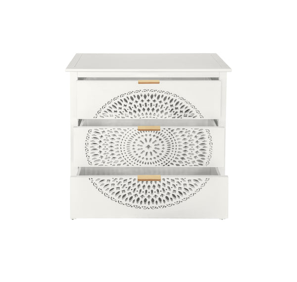 English Elm 3 Drawer Cabinet with Hollow Carved Accents, Solid Pine Feet, Gold Handles & Smooth Metal Slides — Elegant Storage for Entryway Bedroom Living Room Beige W688138992