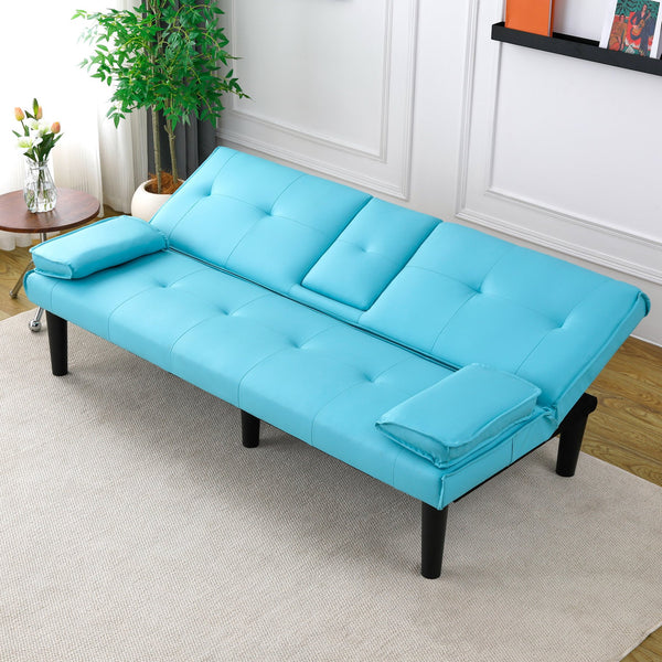 English Elm The 67-inch PVC multi-functional sofa bed with cup holder and one-click fold, space-saving comfort for guests Blue W3371P347652
