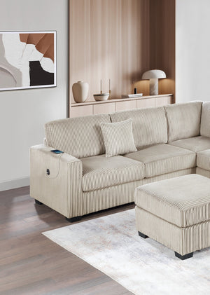 English Elm Living L-Shaped Sectional Sofa Set with Reversible Chaise, Tufted Burlap Fabric, Storage Ottoman, USB Port Camel 34 L x 26 W x 46 H B011S01780