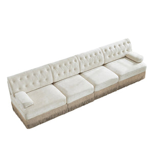 English Elm 135" Modular Chesterfield Sectional Velvet Tufted Sofa with Tassel Skirt for Lounge Rooms Beige W714S01688