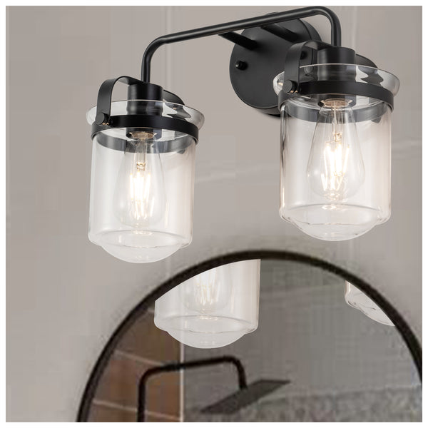 English Elm 2-Light Matte Black Modern Sconce with Clear Glass Shades, Industrial Wall Light for Bathroom Vanity_x000F_ T3177P283990