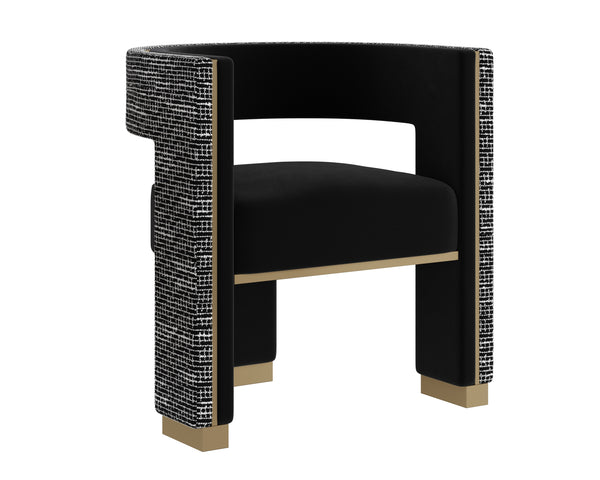 Sunpan Adamina Dining Armchair - Stylish Three-legged Design With Gold Accents In Abbington Black & Hobbes Night Black Fabric 112127