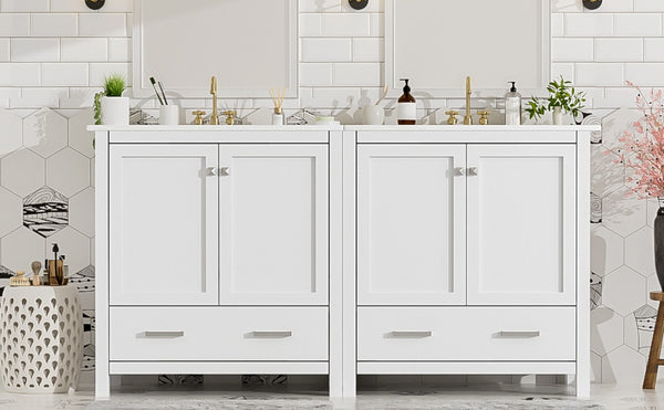 English Elm Modern 48 Inch Freestanding Bathroom Vanity Dual Ceramic Sinks Soft Close Gold Handles White N729P000001K