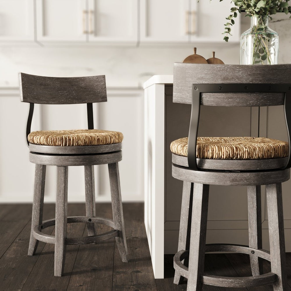 English Elm 26" Reclaimed Wood Swivel Counter Stool with Seagrass Seat for Kitchen Island Gray B2751P436448