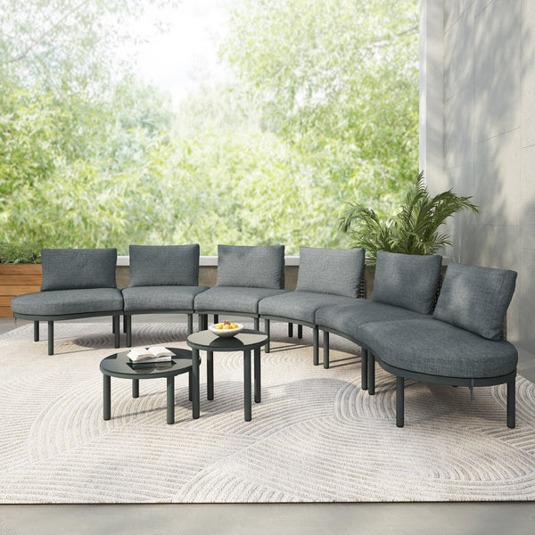 English Elm TOPMAX 8-Piece Patio Sofa Set with Modular Half-Moon Sectionals, Tempered Glass Tables, Cushioned Komfort Gray SP100029AAE