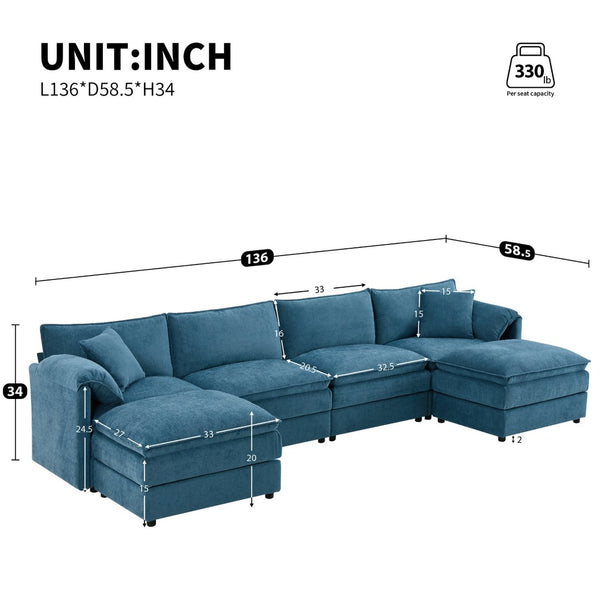 English Elm [new U-shaped Chenille Cloud Sectional 6 Seat Modular Sofa with Movable Ottoman Blue N723S6546C