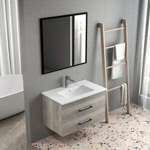 English Elm 32-Inch Modern Grey Wood Grain Wall-Mounted Bathroom Vanity With Soft-Close Drawers & Sink W3151S00006