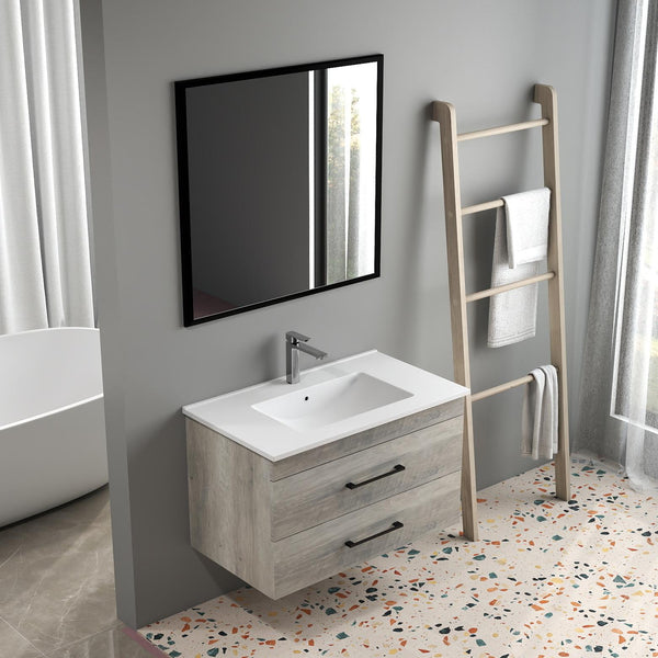 English Elm 32-Inch Modern Grey Wood Grain Wall-Mounted Bathroom Vanity With Soft-Close Drawers & Sink W3151S00006