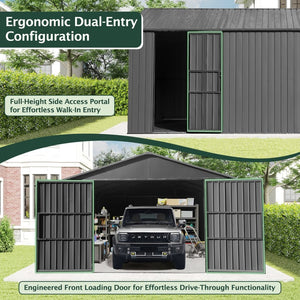 English Elm 12x15ft Outdoor Steel Carport Shed with Lockable Doors and Weather Resistant Frame W1859P382847