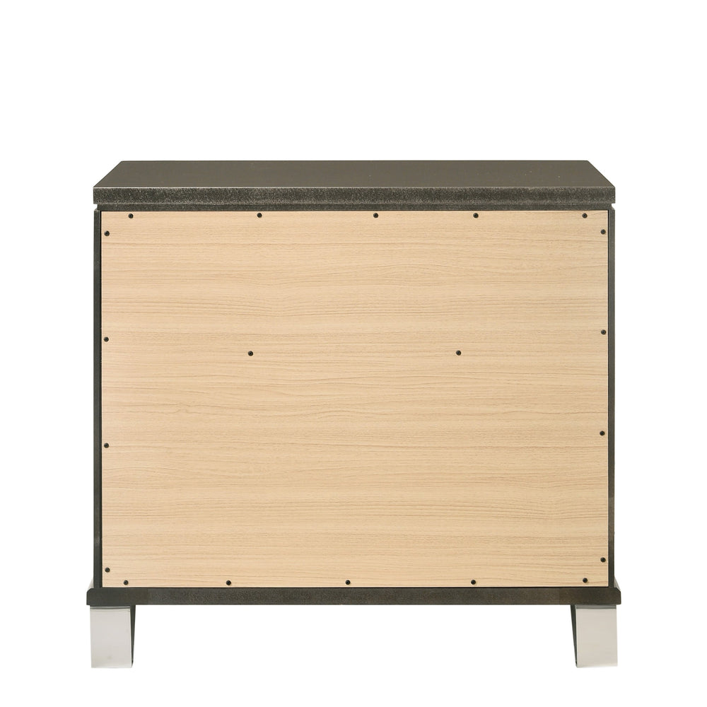 English Elm Modern Glam Nightstand with Mirror Inlay and Patterned Drawers, Luxurious Accent Table 26x17x27 Champagne 20.5 L x 33 W x 29 H B2741P324364