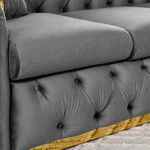 English Elm 2pcs Italian Velvet Chesterfield Sofa Set Tufted Three Seater with Gold Steel Legs Gray W1191S00043