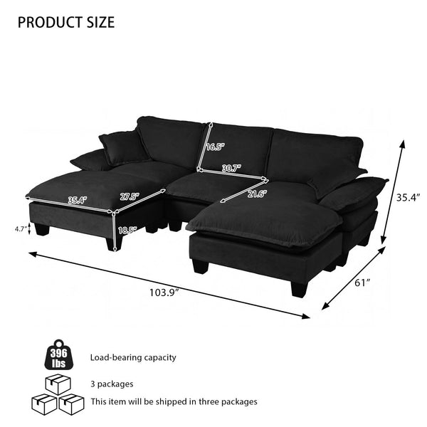 English Elm Modular Chenille Cloud Sectional with Sculptural Curved Arms and Movable Ottoman Black W3163S00121