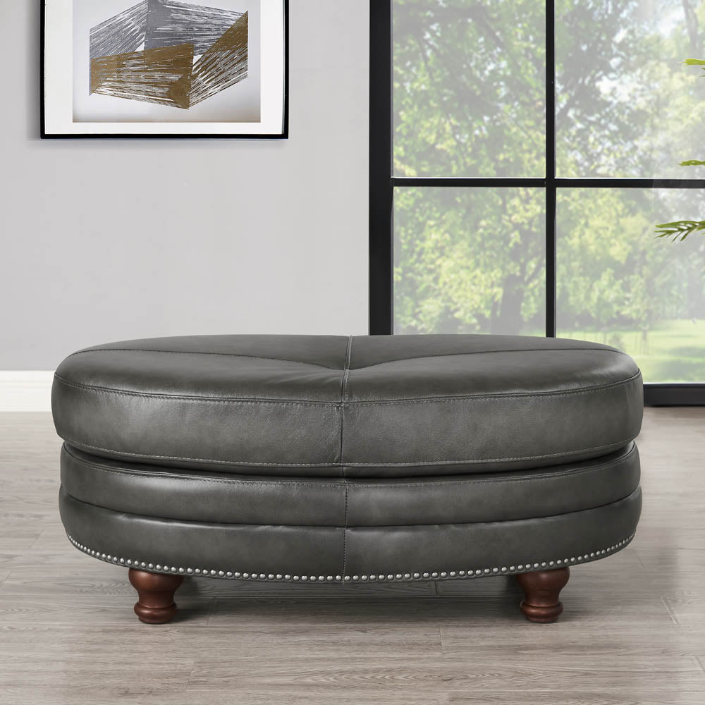 English Elm Belfast Top Grain Leather Oval Ottoman with Button-Tufted Sides, Nail-Head Trim, Curved Elegant Design B2705P211698