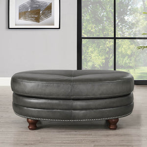 English Elm Belfast Top Grain Leather Oval Ottoman with Button-Tufted Sides, Nail-Head Trim, Curved Elegant Design B2705P211698