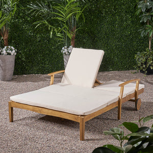 English Elm Christopher Knight Home® - Perla Double Chaise Lounge - Elegant Cream Acacia Wood For Poolside Relaxation & Adjustable Comfort 63357.00CRM