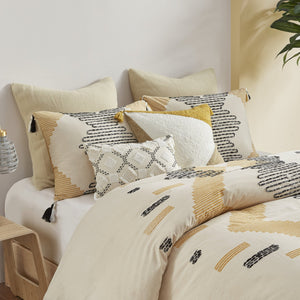 English Elm Full/Queen Arizona 3-Piece Cotton Duvet Cover Set with Yellow-Grey Geometric Print, Tassels & Ties B035129127